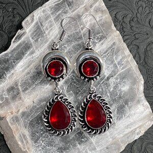 Witchy Garnet Gem Crescent Moon Fairycore Earrings Crystal Stone Jewelry